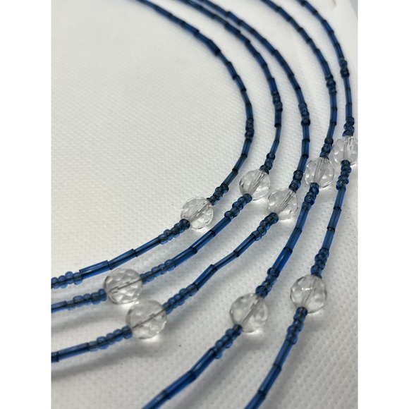 Clear Faceted Crystal & Blue Glass Bugle Beads Multi Layer Silver Tone Necklace‎ - Picture 4 of 10